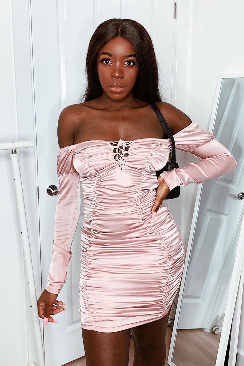 Pink Satin Ruched Lace Front Dress - Dania Rebellious Fashion Pink Satin Ruched Lace Front Dress - Dania Rebellious Fashion