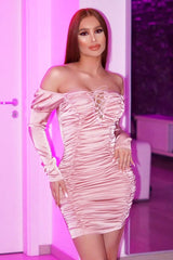 Pink Satin Ruched Lace Front Bodycon Dress - Dania-Dresses