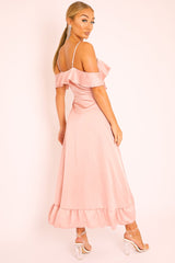 Pink Satin Ruffle Wrap Midi Dress - Eiza-Dresses