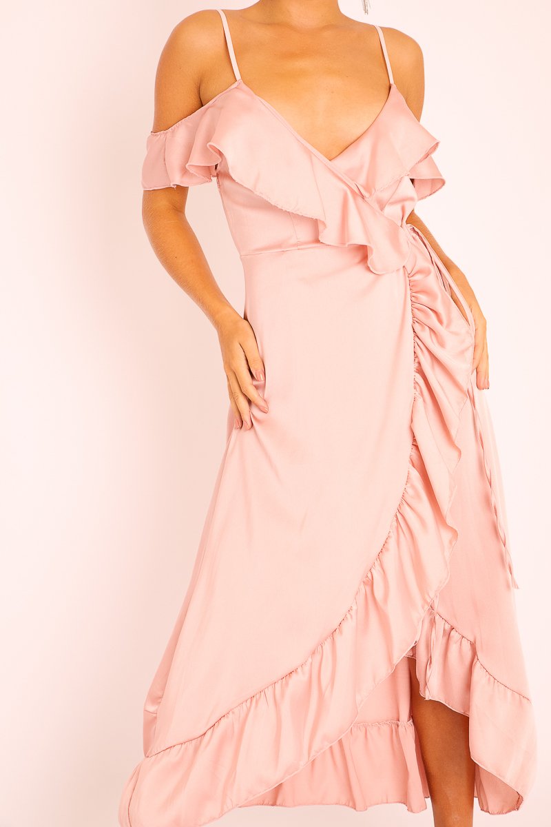 Pink Satin Ruffle Wrap Midi Dress - Eiza – Rebellious Fashion