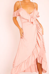 Pink Satin Ruffle Wrap Midi Dress - Eiza-Dresses