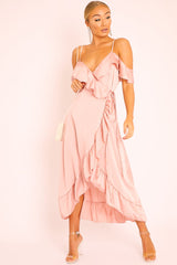 Pink Satin Ruffle Wrap Midi Dress - Eiza-Dresses
