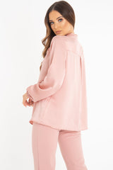 Pink Satin Tie Front Long Sleeve Blouse - Cherie-Blouse