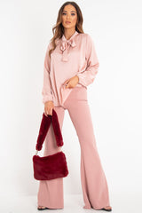 Pink Satin Tie Front Long Sleeve Blouse - Cherie-Blouse