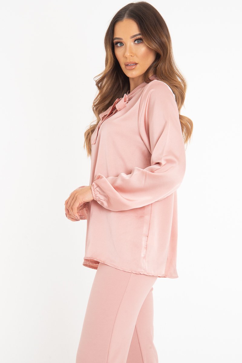 Pink Satin Tie Front Long Sleeve Blouse - Cherie-Blouse