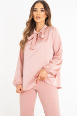 Pink Satin Tie Front Long Sleeve Blouse - Cherie-Blouse