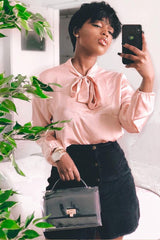 Pink Satin Tie Front Long Sleeve Blouse - Cherie-Blouse