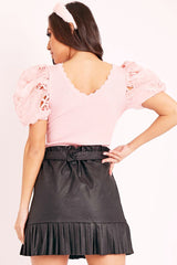 Pink Scallop Neckline Crochet Mesh Sleeve Top - Kaisley-Tops