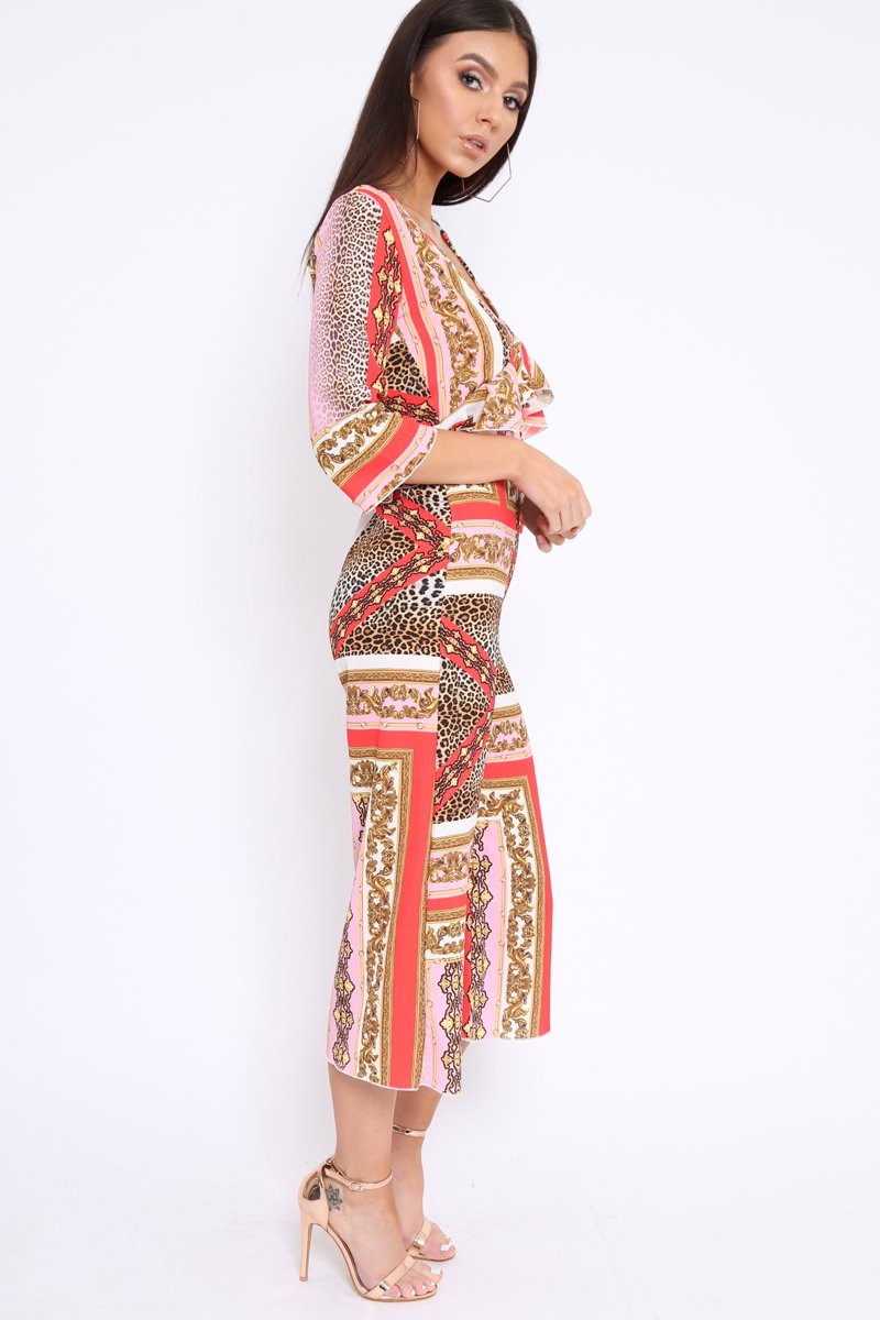 Pink Scarf Print Frill Cut Out Jumpsuit - Nikola-Jumpsuits