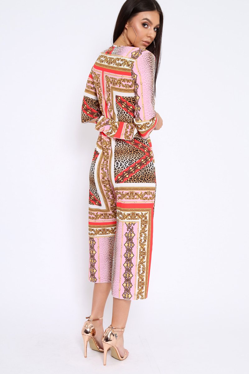 Pink Scarf Print Frill Cut Out Jumpsuit - Nikola-Jumpsuits