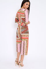 Pink Scarf Print Frill Cut Out Jumpsuit - Nikola-Jumpsuits