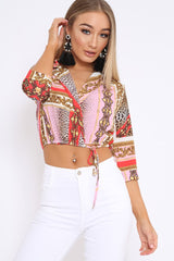 Pink Scarf Print Plunge Crop Top - Dorie-Tops