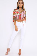 Pink Scarf Print Plunge Crop Top - Dorie-Tops