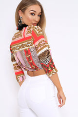 Pink Scarf Print Plunge Crop Top - Dorie-Tops