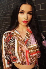 Pink Scarf Print Plunge Crop Top - Dorie-Tops