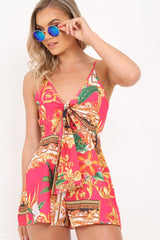 Pink Scarf Print Tie Front Playsuit - Pieper-Playsuits