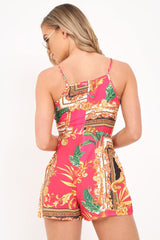 Pink Scarf Print Tie Front Playsuit - Pieper-Playsuits