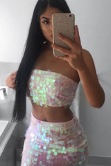 Pink Sequin Boob Tube and Skirt Co ord - Lilia-Skirts
