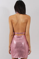 Pink Sequin Cowl Neck Choker Dress - Louisiana-Dresses