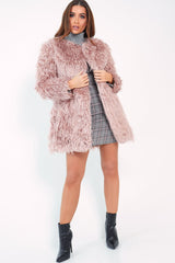Pink Shaggy Faux Fur Coat - Evalina-Coats