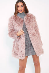 Pink Shaggy Faux Fur Coat - Evalina-Coats