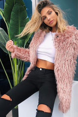 Pink Shaggy Faux Fur Coat - Evalina-Coats