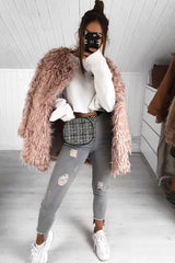 Pink Shaggy Faux Fur Coat - Evalina-Coats