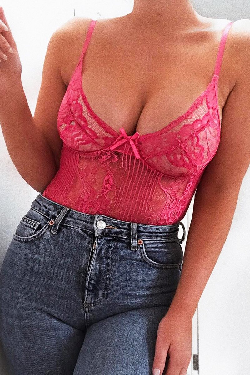 Pink Sheer Lace Bodysuit - Katia-Bodysuits