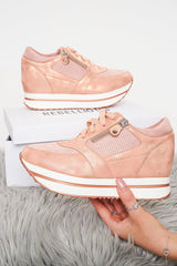 Pink Shimmer Platform Trainers with Zip Detail - Sharnie-Trainers