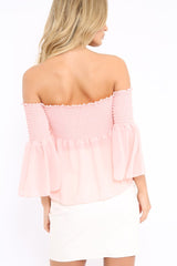 Pink Shirred Chiffon Bardot Top - Libbie-Tops