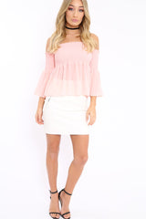 Pink Shirred Chiffon Bardot Top - Libbie-Tops