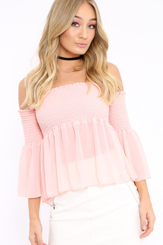 Pink Shirred Chiffon Bardot Top - Libbie