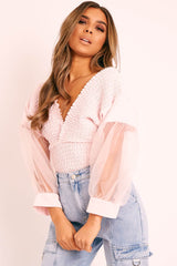 Pink Shirred Plunge Crop Top - Reina-Crop Tops