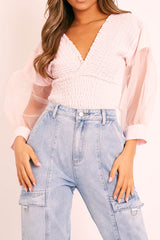 Pink Shirred Plunge Crop Top - Reina-Crop Tops