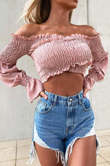 Pink Shirred Wrap Over Bardot Crop Top - Zuri-Crop Tops