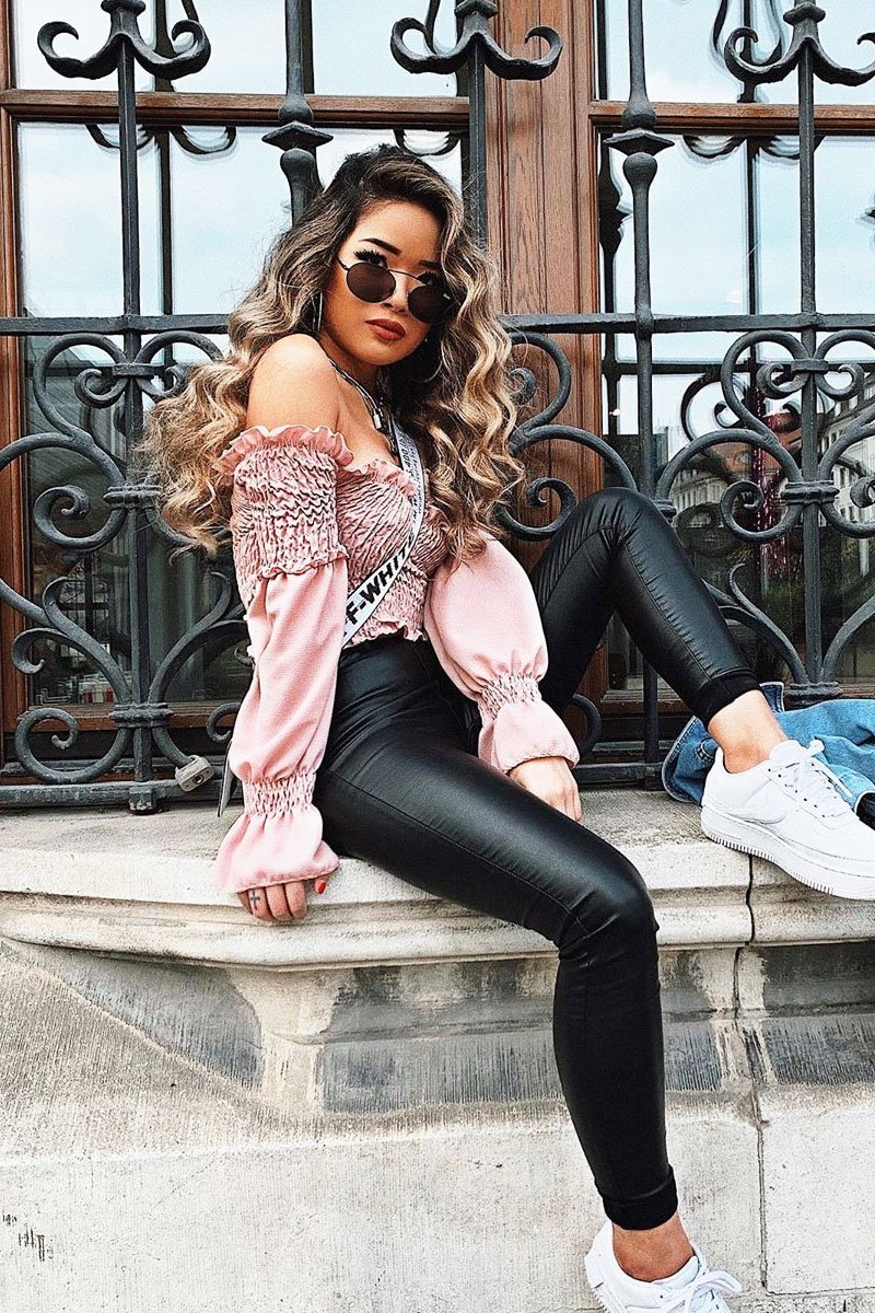Pink Shirred Wrap Over Bardot Crop Top - Zuri-Crop Tops
