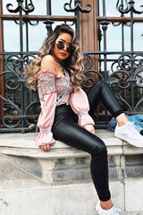 Pink Shirred Wrap Over Bardot Crop Top - Zuri-Crop Tops