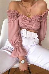 Pink Shirred Wrap Over Bardot Crop Top - Zuri-Crop Tops
