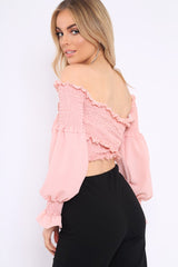 Pink Shirred Wrap Over Bardot Crop Top - Zuri-Crop Tops