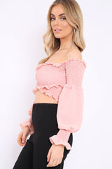 Pink Shirred Wrap Over Bardot Crop Top - Zuri-Crop Tops