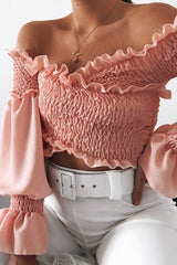 Pink Shirred Wrap Over Bardot Crop Top - Zuri-Crop Tops
