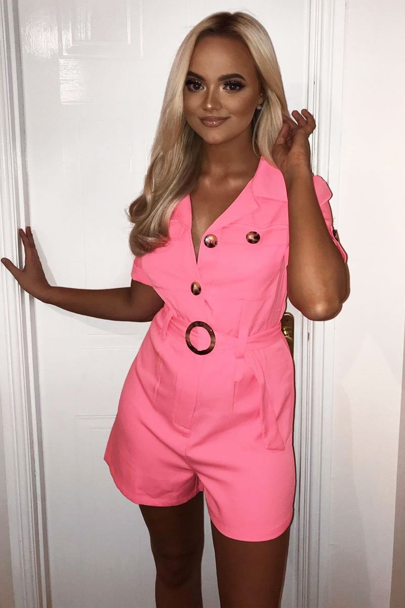 Pink Short Sleeve Button Front Resin Belted Playsuit - Caasi-Playsuits