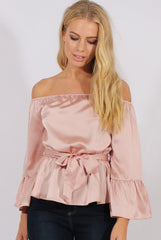 Pink Silk Bardot Bell Sleeves Top - Fawn-Tops