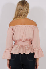 Pink Silk Bardot Bell Sleeves Top - Fawn-Tops