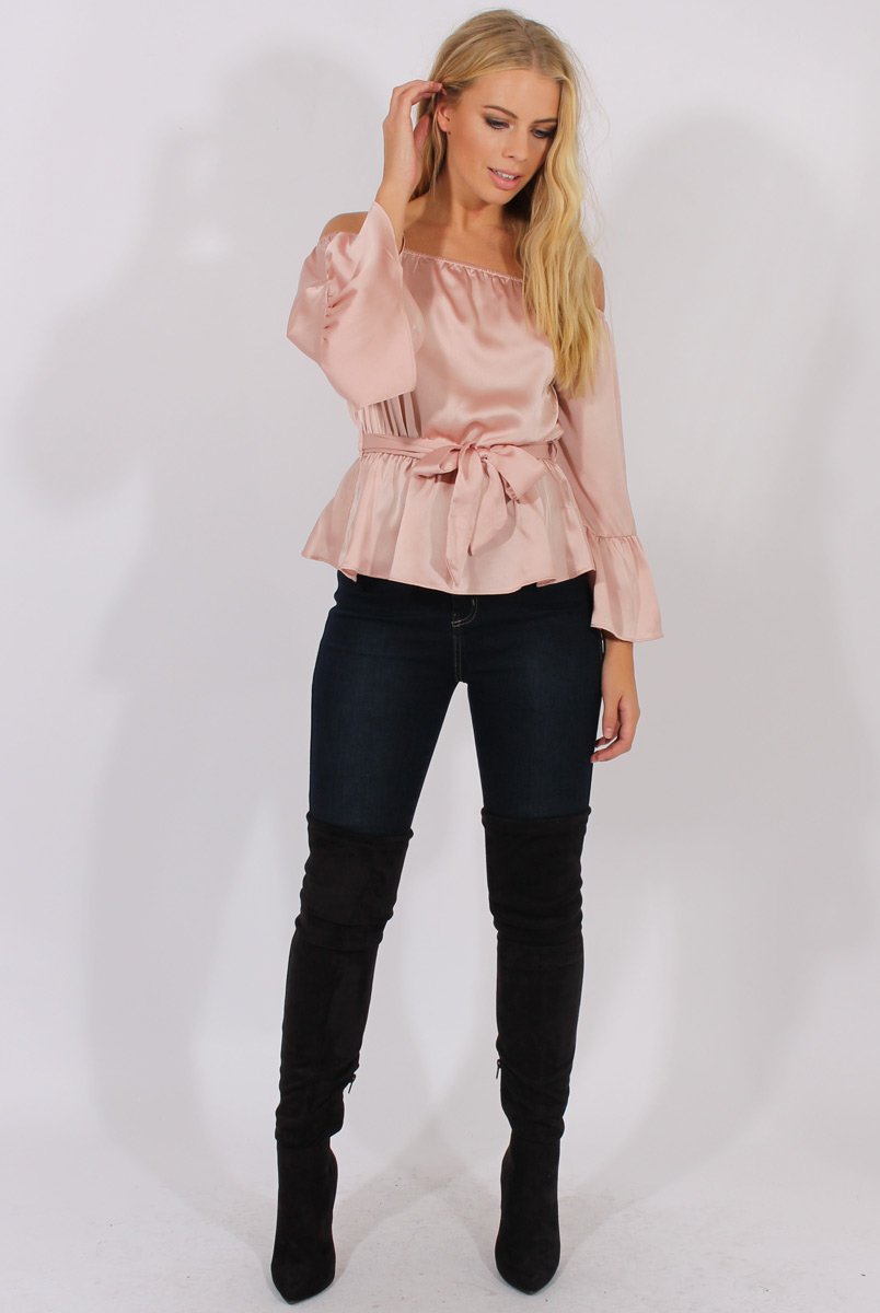 Pink Silk Bardot Bell Sleeves Top - Fawn-Tops