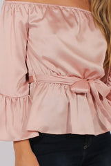 Pink Silk Bardot Bell Sleeves Top - Fawn-Tops
