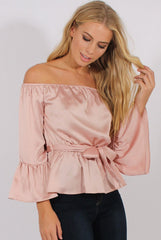 Pink Silk Bardot Bell Sleeves Top - Fawn-Tops