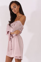 Pink Silky Bardot Tie Waist Dress - Esther-Dresses