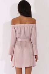 Pink Silky Bardot Tie Waist Dress - Esther-Dresses