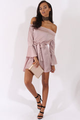 Pink Silky Bardot Tie Waist Dress - Esther-Dresses